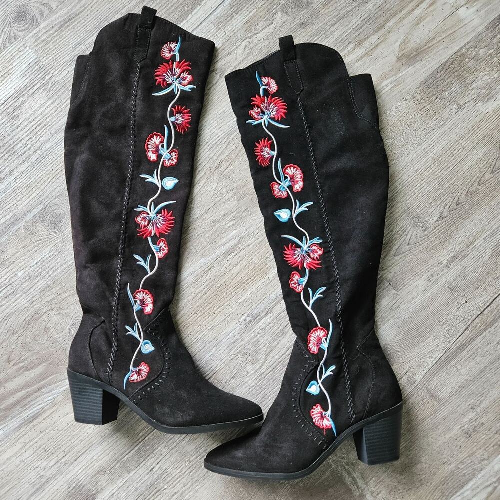 Carlos by Carlos Santana Black Over the Knee Boots with Red Floral Embroidery